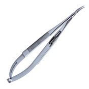 Knolle Needle Holder Serrated And Flat Handle With Lock And Polished Finish Fine 10mm Gently Curved Jaws Overall Length Of 5 3/4" (144mm) 